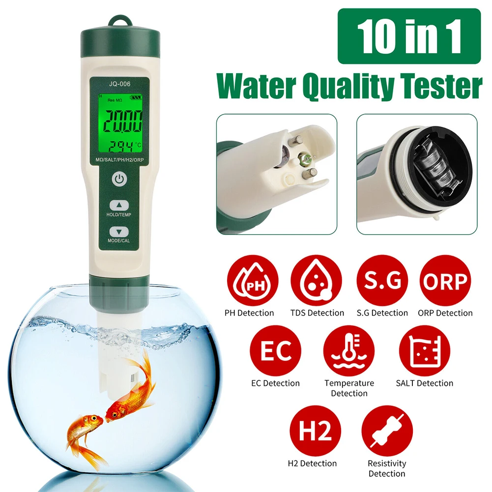 

10 in 1 Water Quality Tester PH/TDS/EC/SALT/TEMP/S.G/ORP/H2/Fertile/Resistivity Tester Pen For Aquarium Swimming Pool