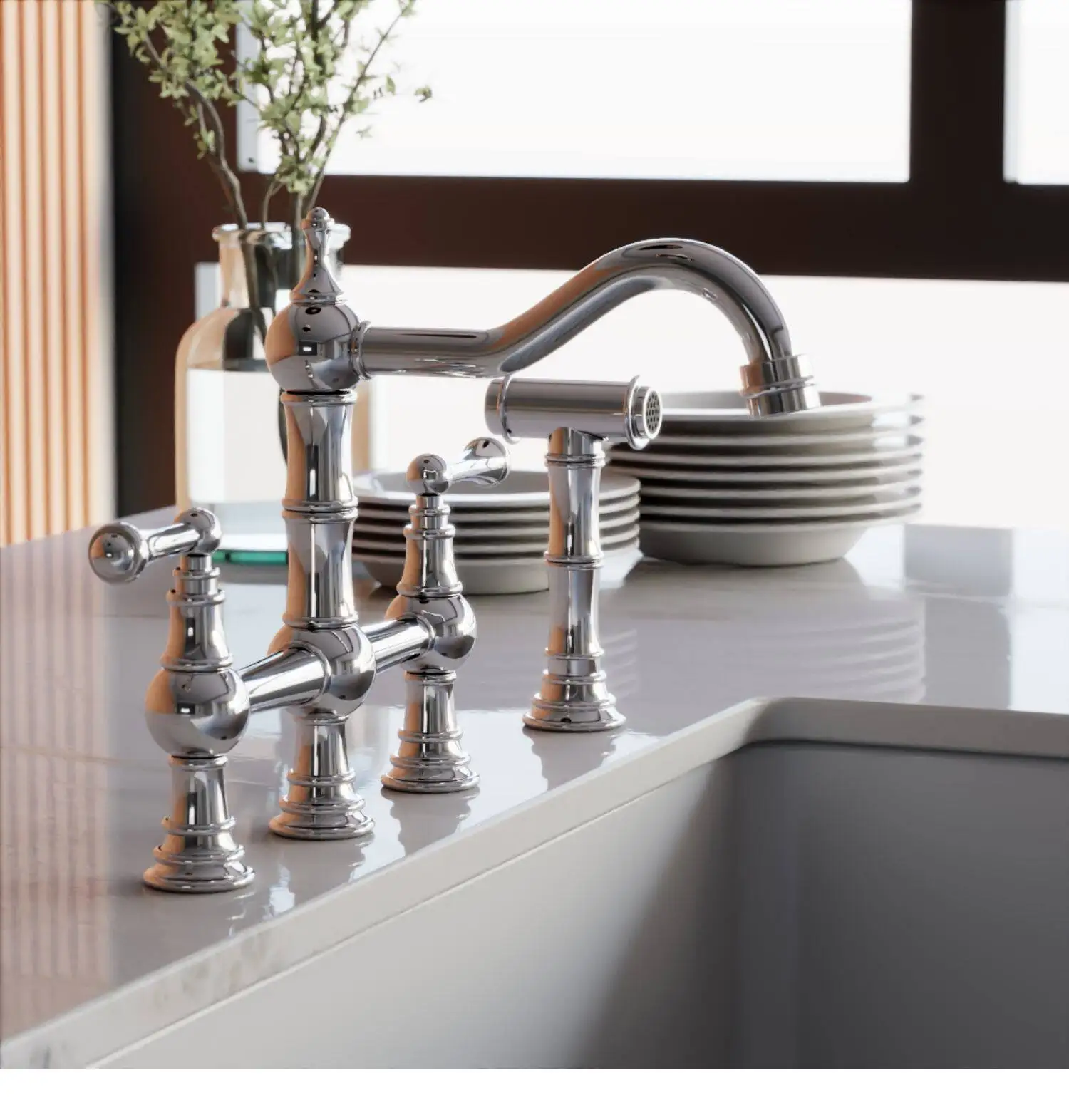 

Four-hole kitchen faucet chrome-plated set American open kitchen faucet all-copper with hand nozzle