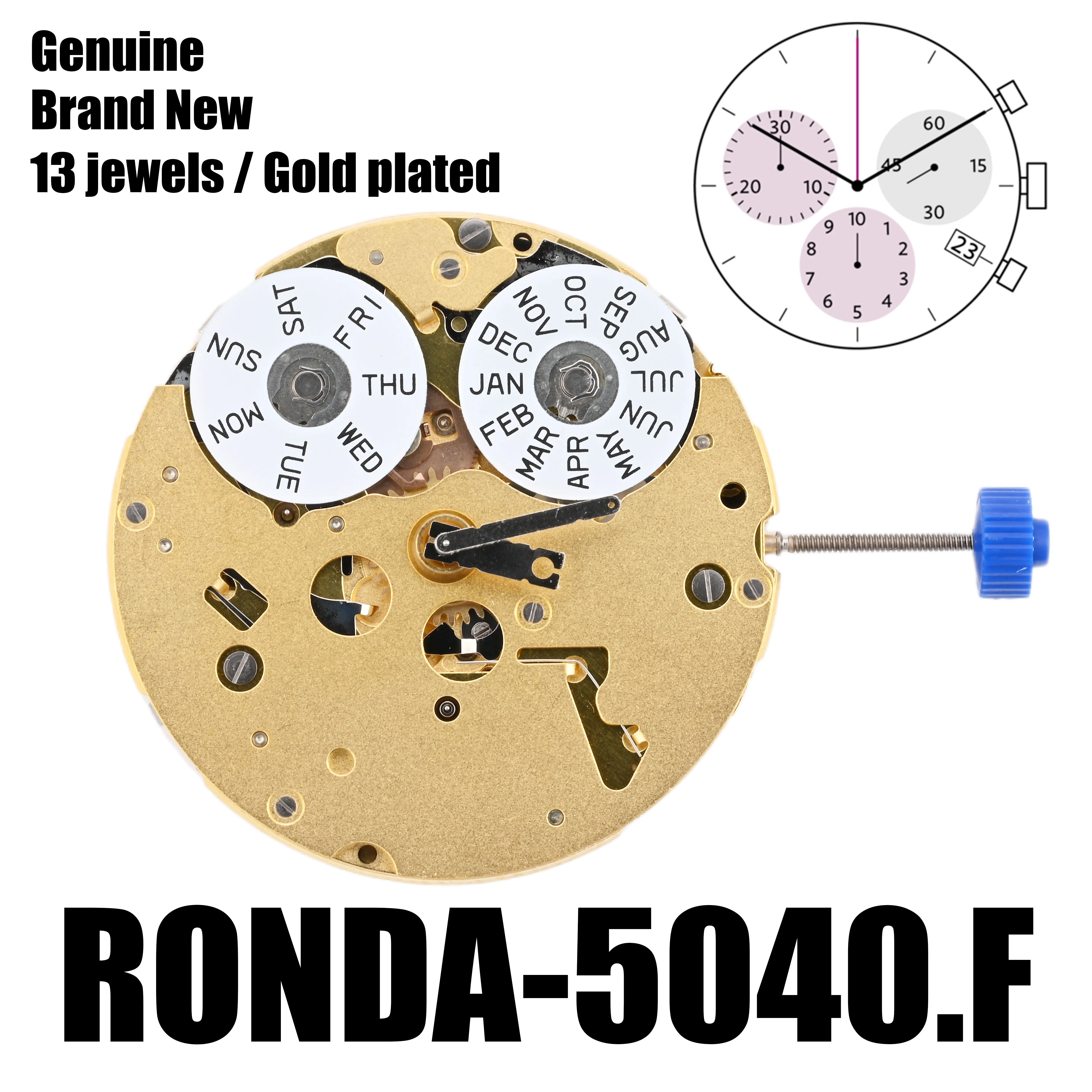 Genuine 5040.F Movement Brand New Ronda 5040.F Movement 13 jewels gold plated Chronograph Watch Original Watch Parts