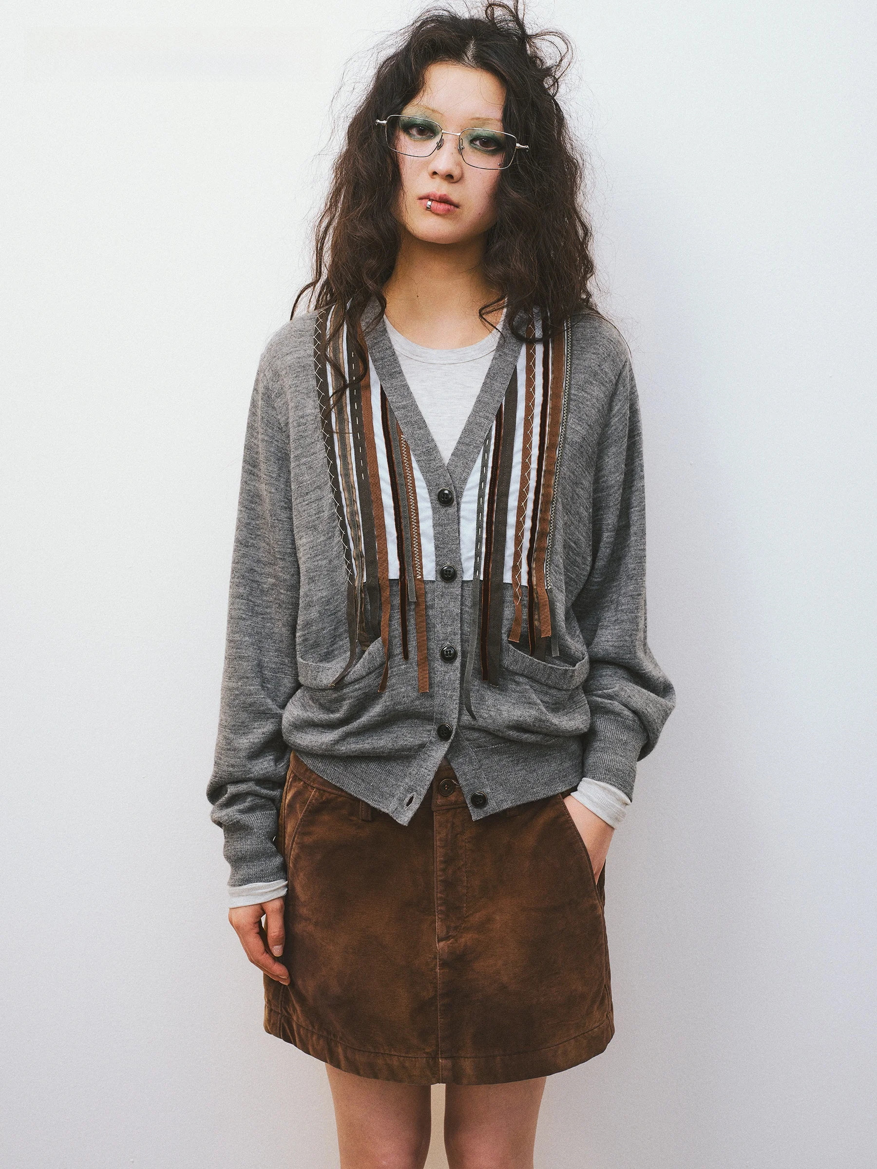 VERMO Deconstructed Traditional Heavyweight Hand-sewn Tassel Decoration Color Block Wool Knitted Open Cardigan Neutral Style ...