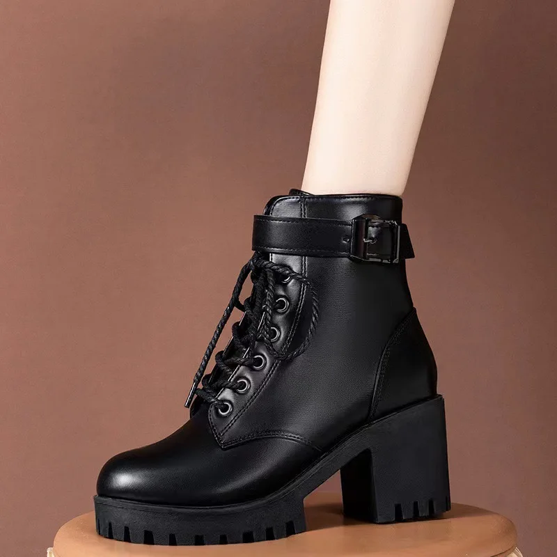 2024 Winter PU Leather Women Winter Boots Thick Wool Warm Women High-heeled Boot High-quality Female Snow Boots Women Shoes