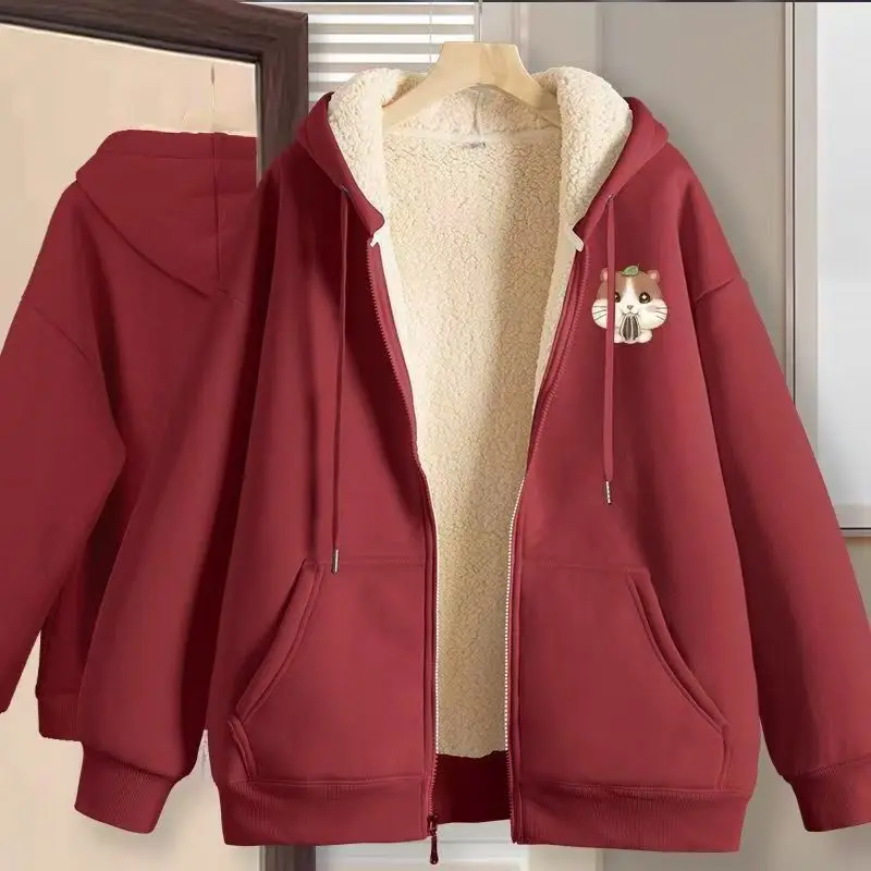 Brown Cardigan Cashmere Sweater 2024 Autumn And Winter New Fashion Explosions Plus Velvet Padded Coat Loose Hooded Cotton Jacket