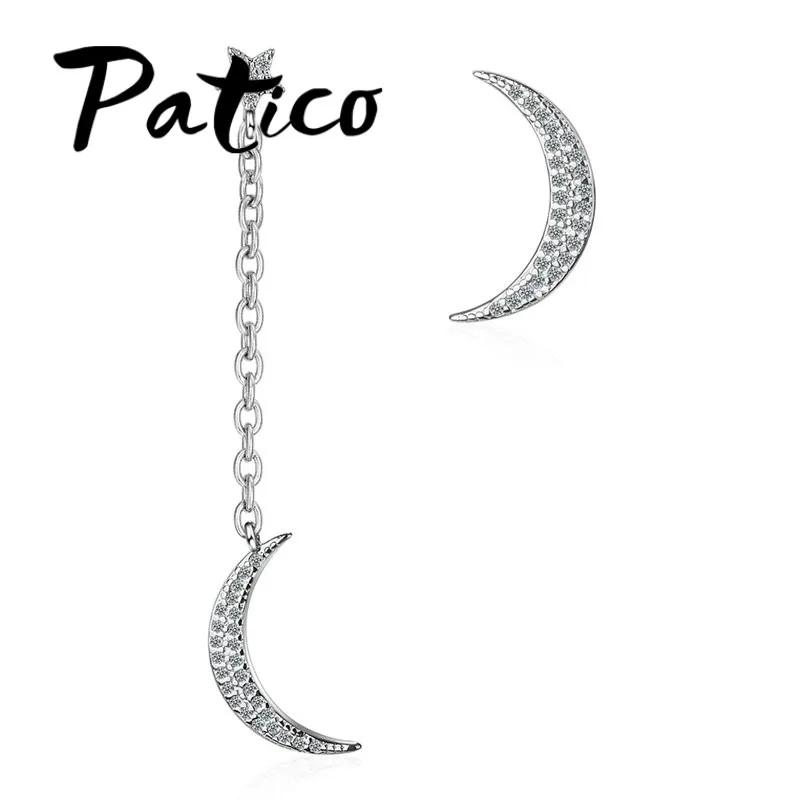 

High Quality Fashion Design Asymmetrical Moon Pendant Earrings For Women 925 Sterling Silver Small Crystals Paved Earrings