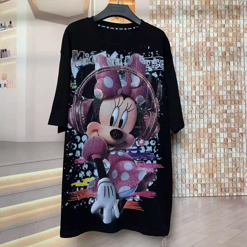

Fashion Cartoon Cute Oversized Loose Y2k Short Sleeves T-shirt 2025 Autumn New Heavy Industry Rhinestone Headphone Pullover Tees
