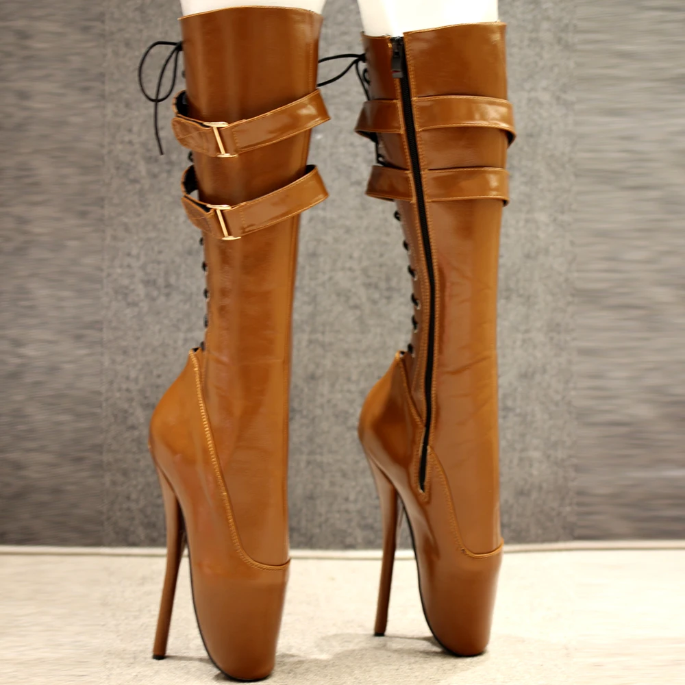 

New 18cm/7" ultra high heel stilleto heel spike heel red shiny Lace-up women knee high ballet boots sexy fetish boots