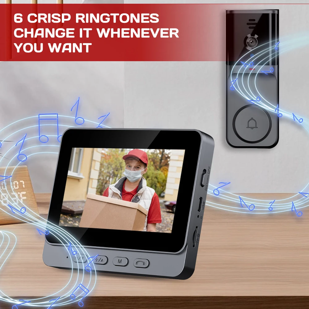 Videocitofono con schermo IPS intelligente da 4,3 pollici Visione notturna Telecamera di sorveglianza audio bidirezionale Fotocamera digitale con campanello wireless 2.4G