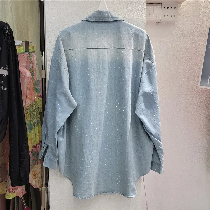 Spring New Korean Women Diamond Pocket Thin Light Blue Denim Shirt Jacket Casual Lapel Long Sleeve Female Jean Jacket Streetwear