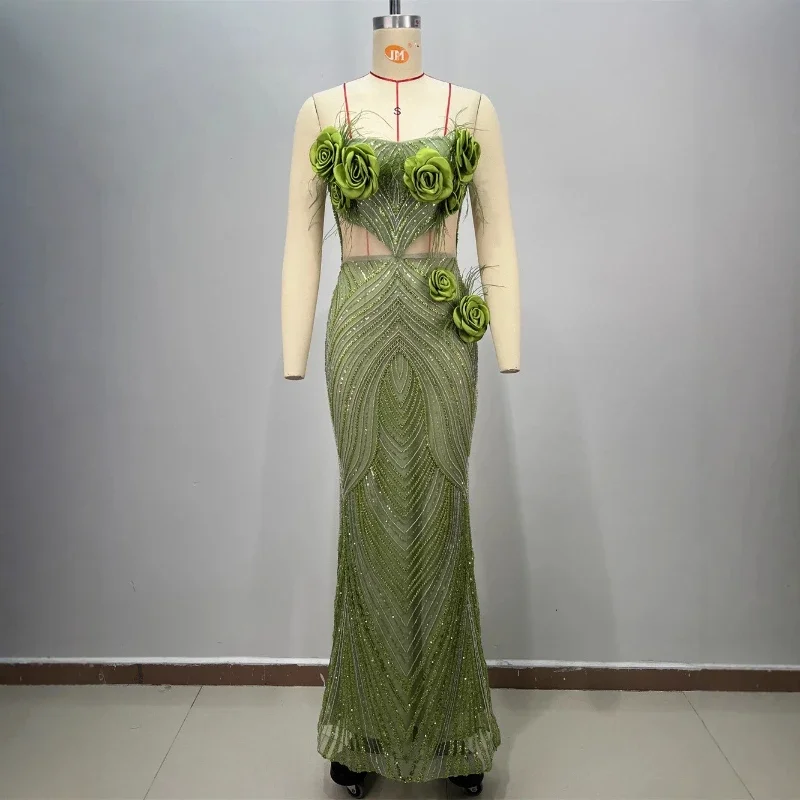 

Fashion Party Chic Green Strapless Sleelevess Sexy Gown Cut Out 3D Flowers Patchwork Sheer Mesh Bodycon Mermaid Evening Dress