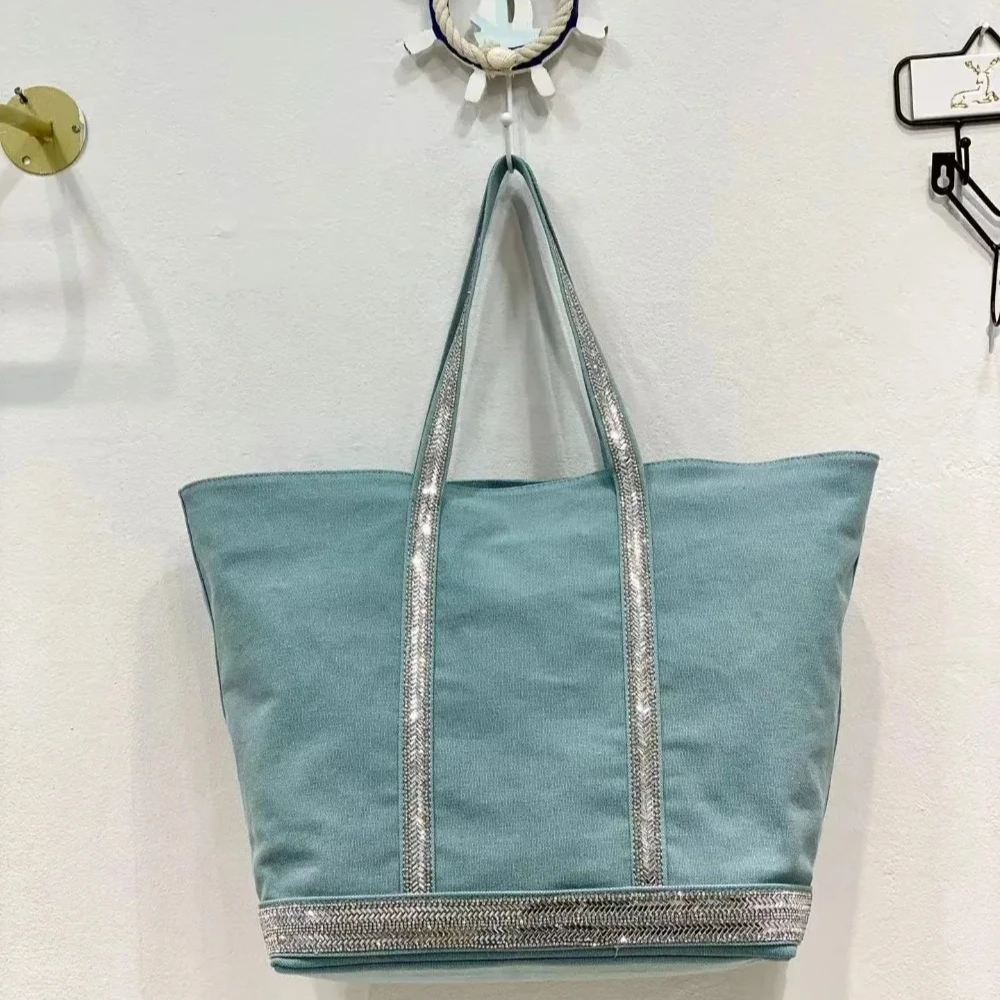 

Fashion Canvas Tote Bag with Rhinestones Large Capacity Daily Commute Designer Handbag Korean Vintage Shoulder Crossbody Women