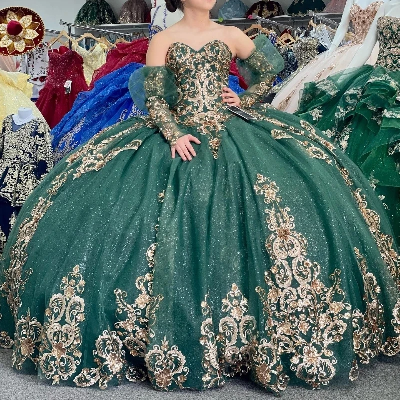 

Green Shiny Quinceanera Dresses With Gold Appliques Lace Beads Lace-Up Long Sleeves Corset Prom Sweet 16 Vestido De 15Anos