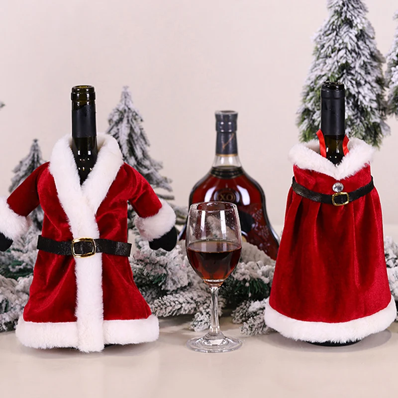 2024Christmas Wine Bottle Cover Set Golden Velvet Dress Clothes Cap Wine Bottle Bag Sleeve Xmas New Year Dinner Table Decoration