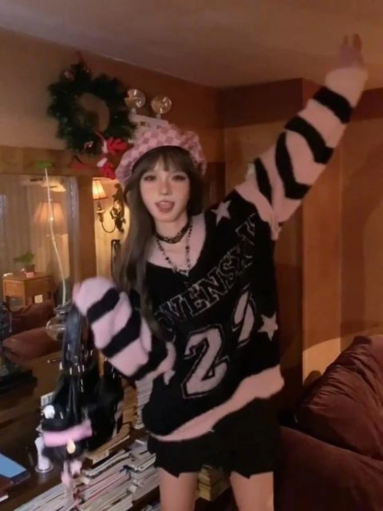 American Vintage Stripe Sweater Knit Patchwork Round Neck Long Sleeve Preppy Style Letter Pattern Fashion Casual Pullover Autumn