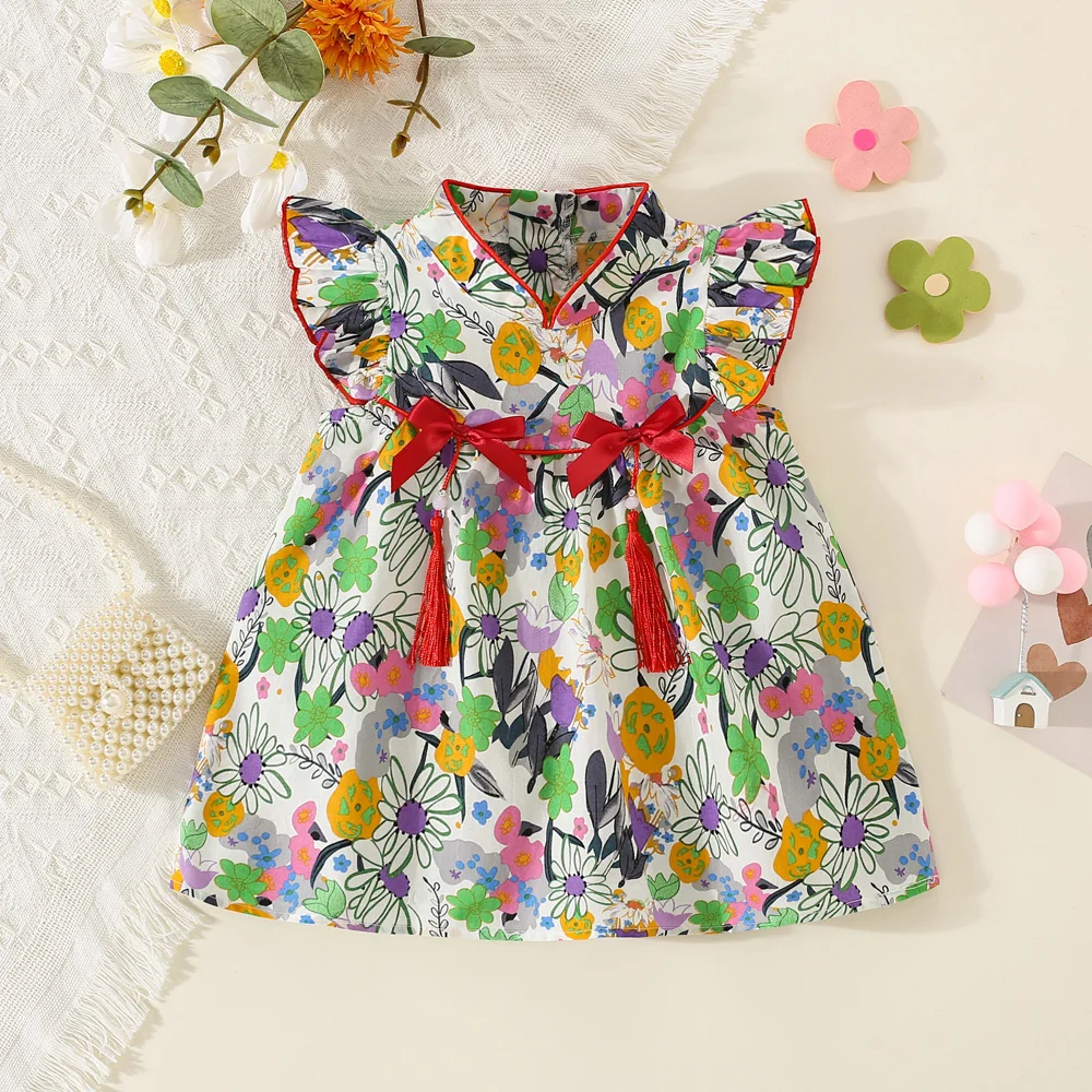 Summer Baby Newborn Cotton Little Flying Sleeve Dress Girl Stand up Collar Cute Printed One Year Birthday Cheongsam Dress