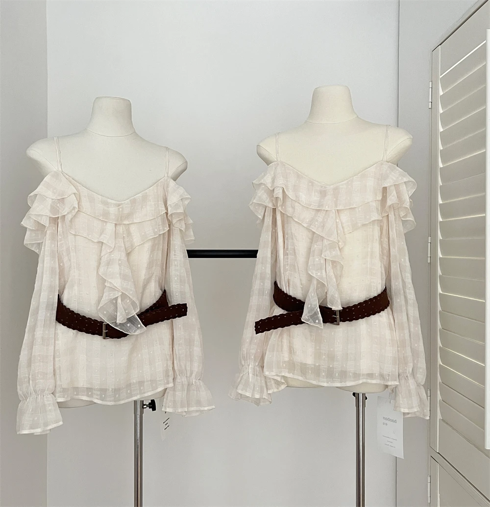 

2025 Autumn Winter Women Mori Girl Shoujo Vintage Shirt Slash Neck Plaid Chiffon Blouse With Belt Long Sleeve Tops 2000s New In