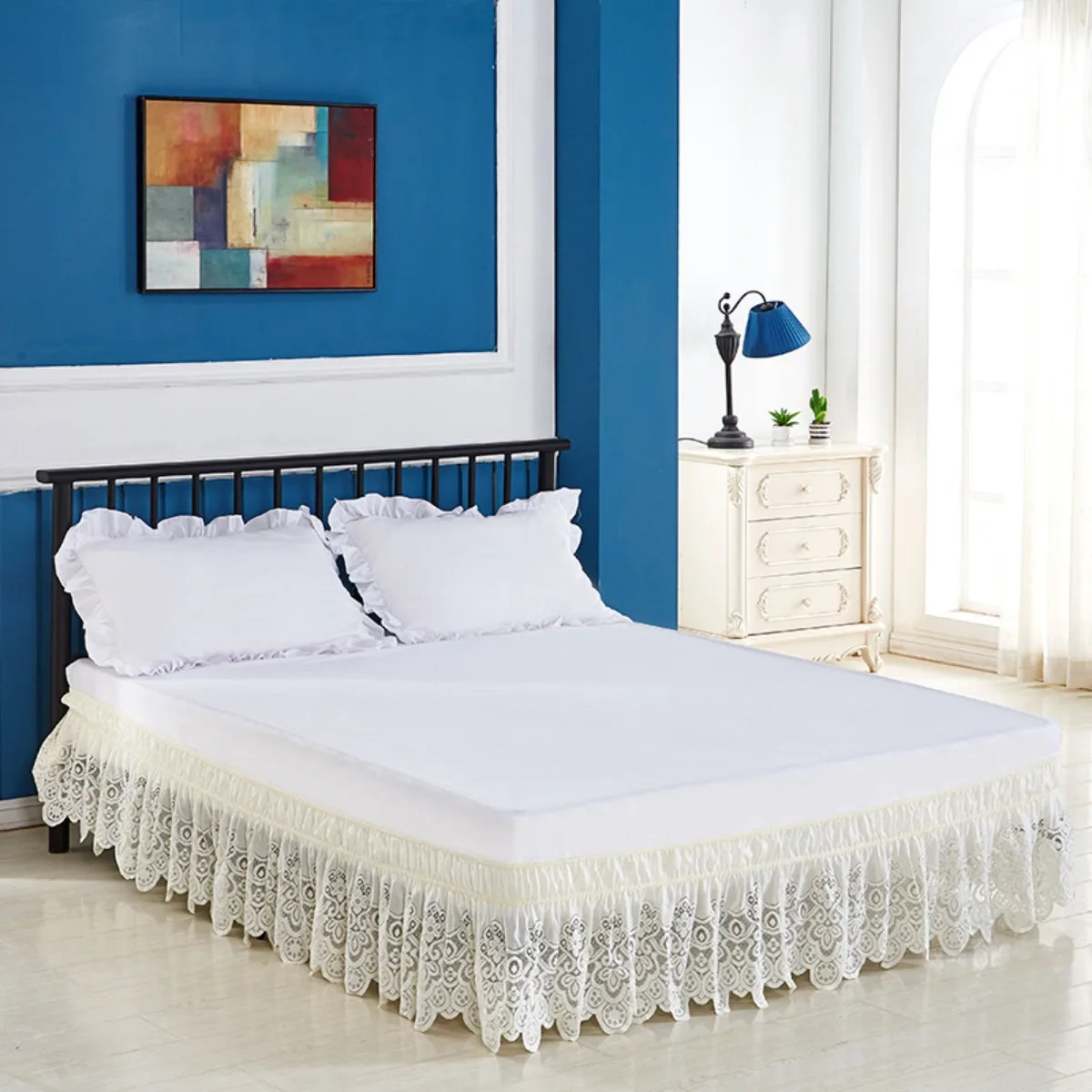 American Style Elastic Lace Bed Skirt Solid Color Bed Ruffle Wrap Around Dust Cover Easy To Wash TWIN FULL QUEEN KING Size