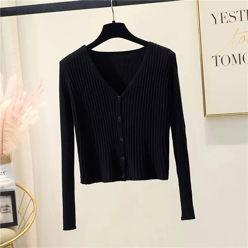 V-neck Button-Up Slim Fitted Cropped Sweater Women Spring Autumn Long Sleeve Knitted Top Black White Pink Yellow Red Green Blue