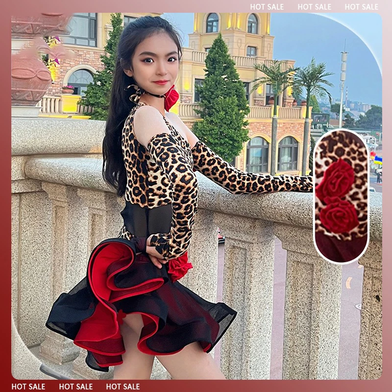 

Leopard Print New Kids Latin Dance Costume Girls Slanted Shoulder Long Sleeve Dancing Set Ballroom Waltz Performance Set VBH1192
