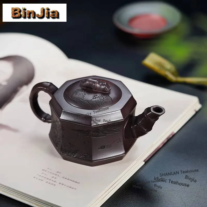 

370ml Yixing Purple Clay Teapots Hand-carved Octagon Bamboo Section Pot Raw Ore Purple Mud Tea Soaking Kettle Zisha Tea Set Gift