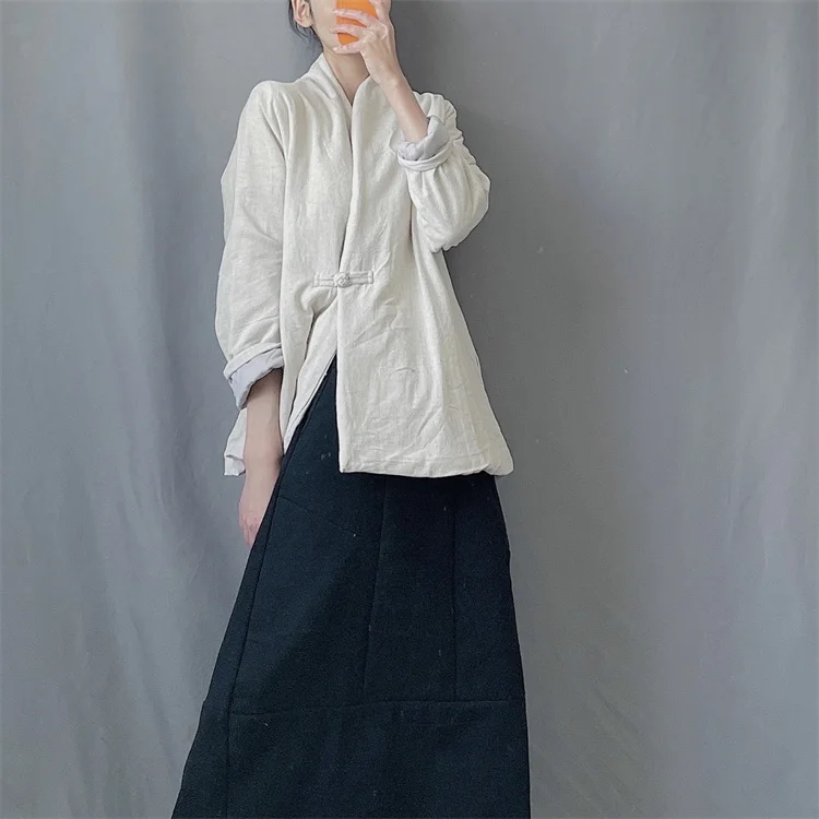 Retro Chinese Style Stand Collar Asymmetrical Button Thickened Dark Cotton Jacket Women's Autumn Winter Warm White Cotton Coat