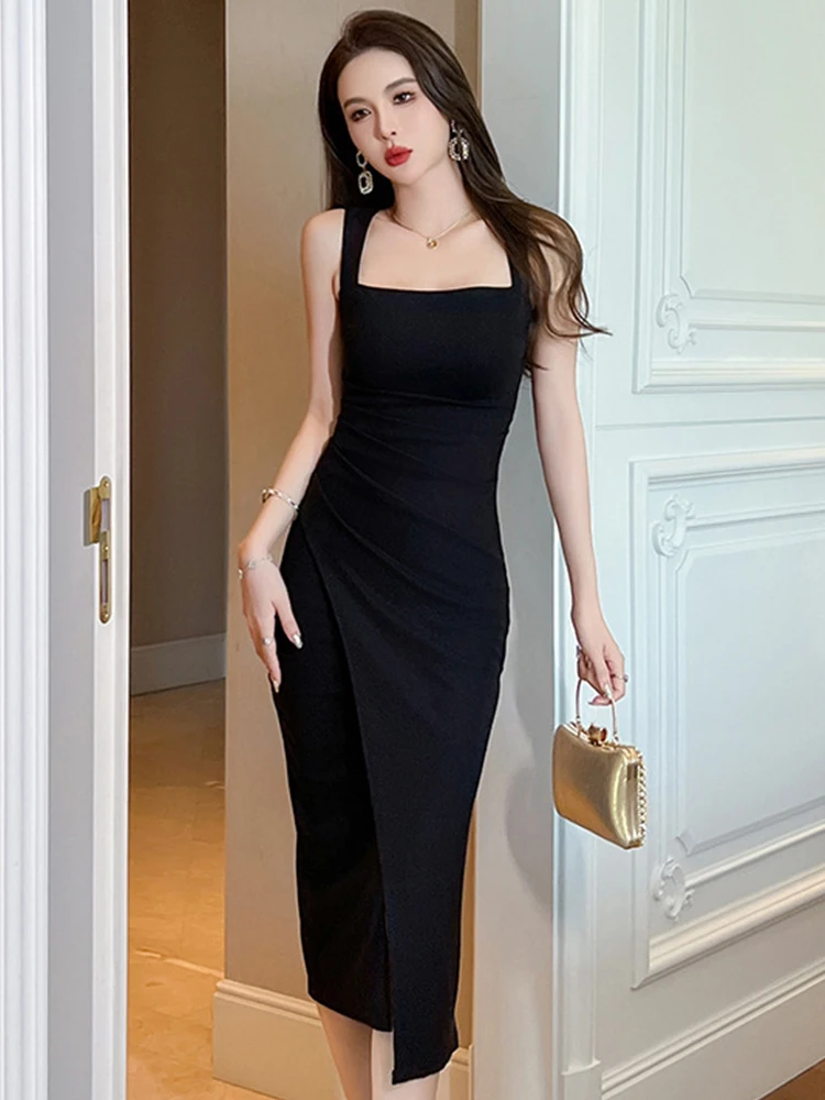 New Hotsweet Sexy Tank Long Dress Women's Elegant Style Folds High Split Elastic Robe Femme Party Street Vestidos Casual Clothes