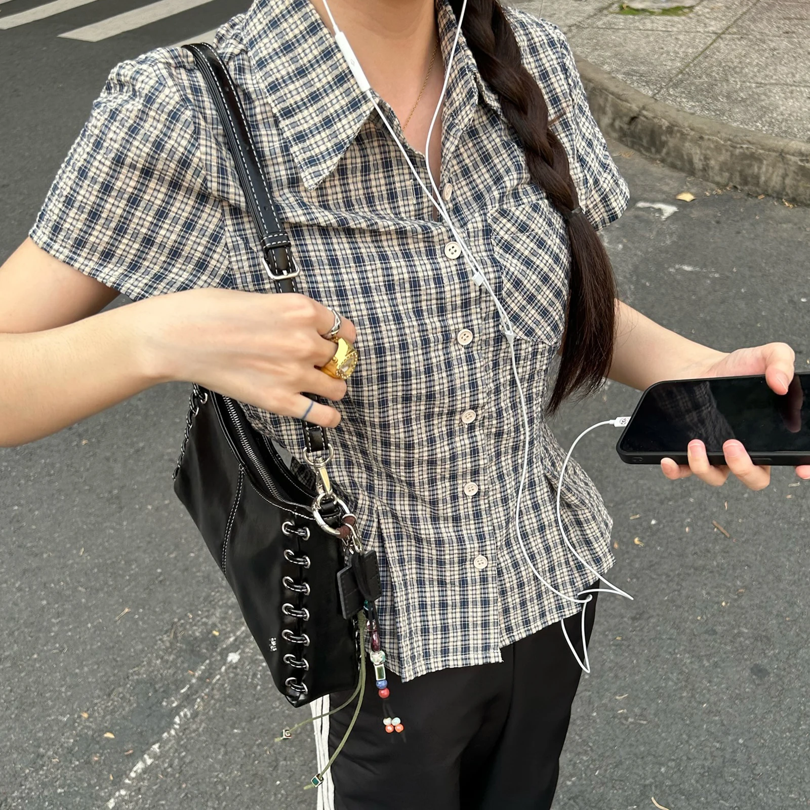 Puloru-camisas clásicas a cuadros para mujer, camisetas de manga corta con cuello y cierre de botones, ropa de calle informal Retro, verano