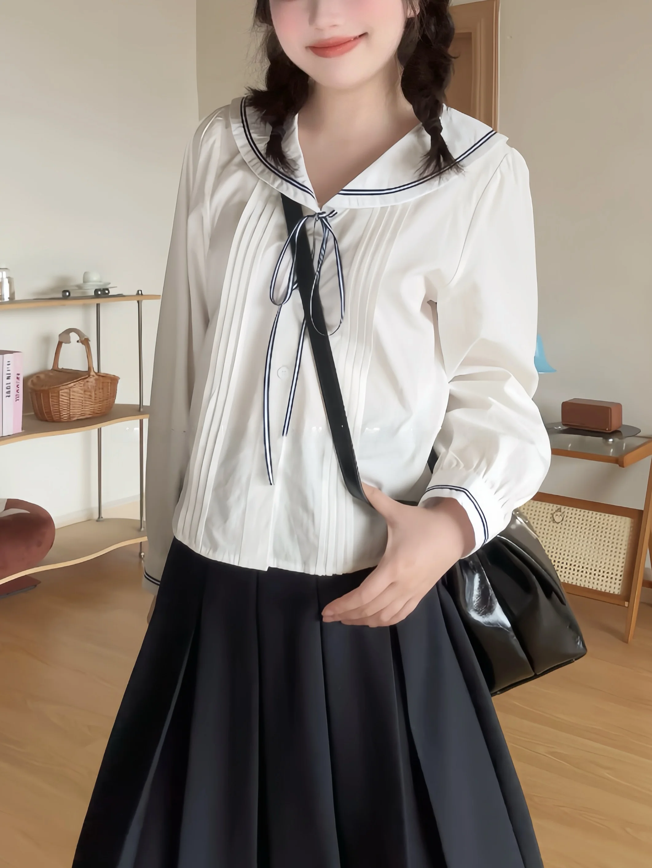 

Sweet Girl Aosphere irt Thin Long Sve Navy Collar ort Doll irt Cotton Pure Spring Autumn Wear for Women