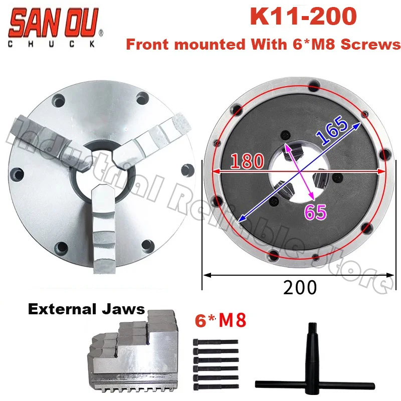 شنت الجبهة مع ستة ثقوب SANOU K11 200 8 "3 مخرطة الفك تشاك دليل المعادن ذاتية التمركز K11-200 تشاك مع مسامير M8 أو M10