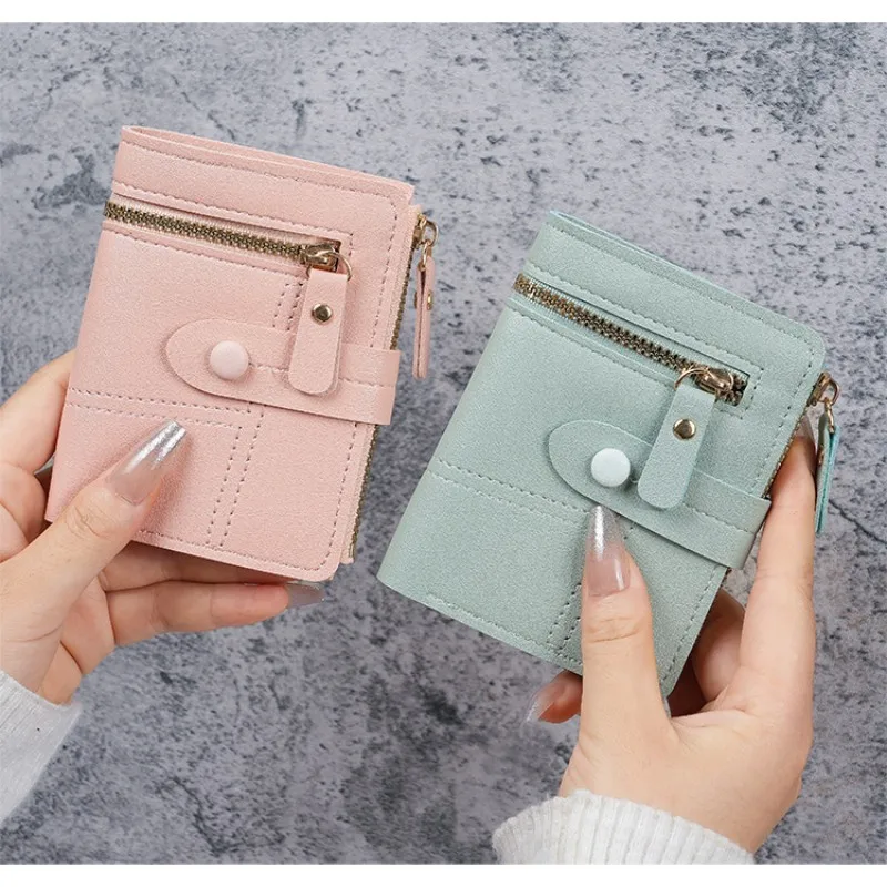 Ultra-thin PU Leather Wallet For Women Fashion Short Card Holder Luxury Designer Solid Color Zipper Button Coin Purse Money Bag