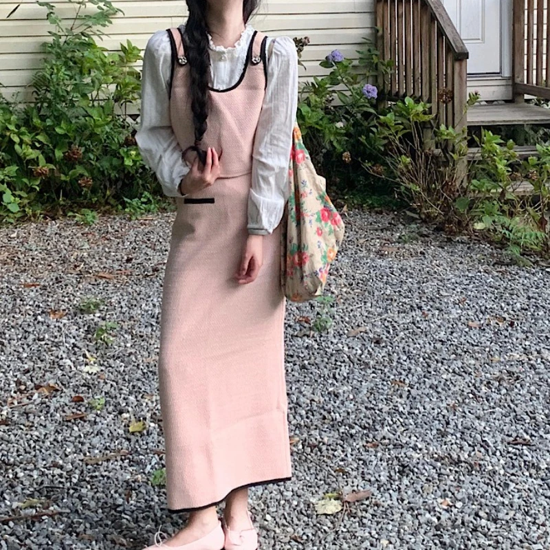 

Сладкая рубашка, многослойный жилет, жилет, розовая юбка, новый женский модный костюм на осень 2025 г.