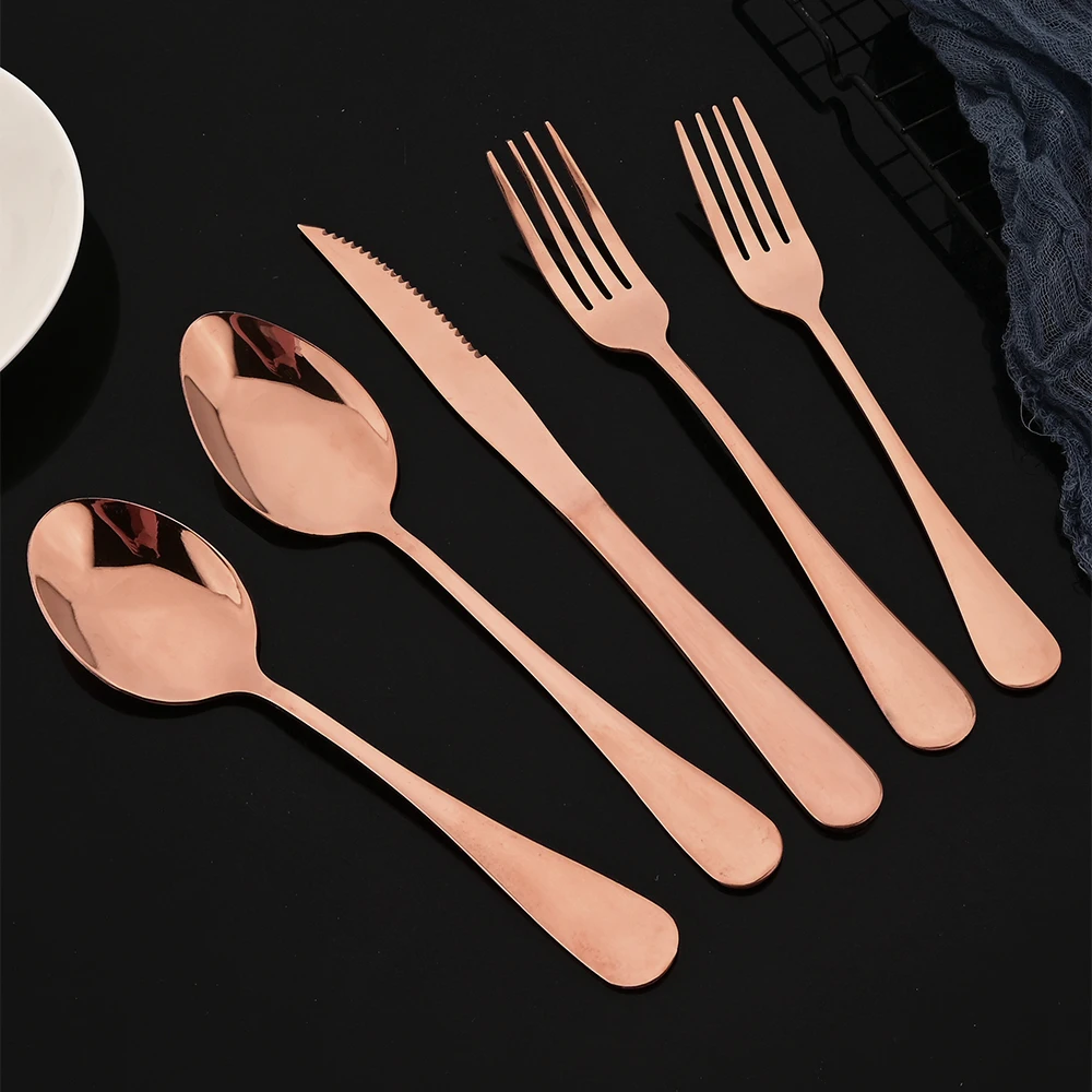 

Bright Rose Gold 20Pcs Stainless Steel Cutlery Dinnerware Tableware Steak Knife Dessert Spoon Fork Flatware Set Silverware