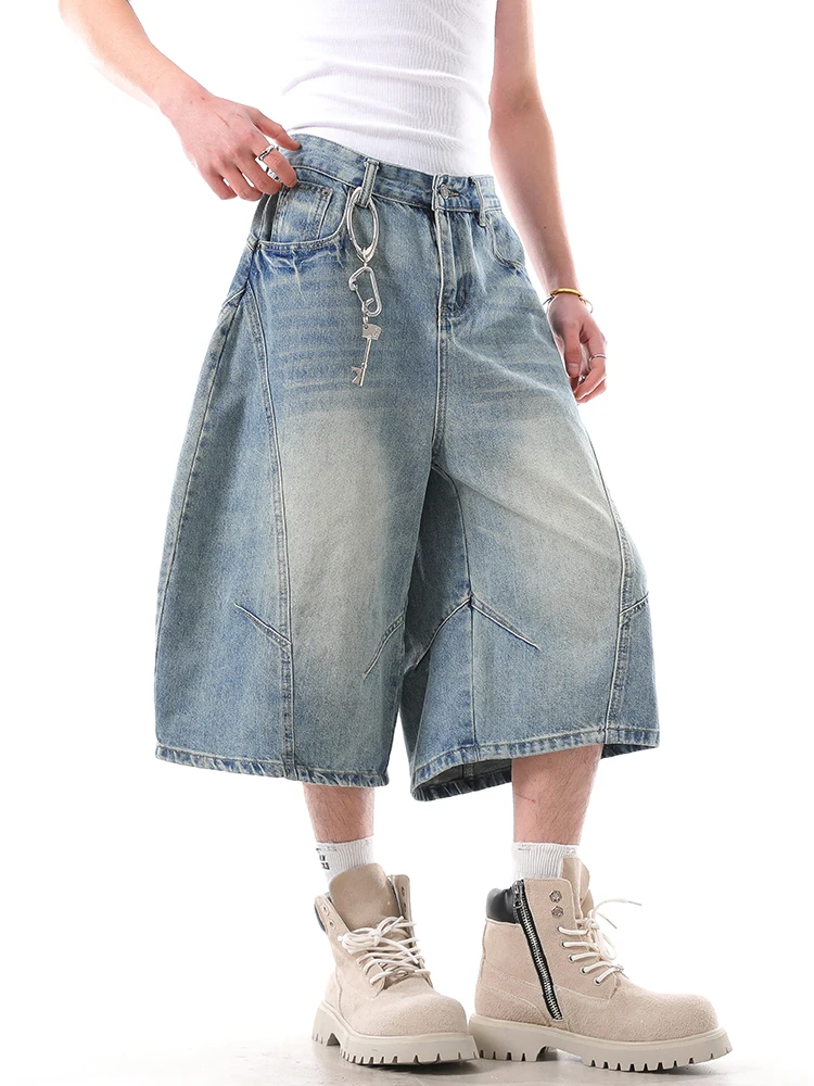 Retro American Distred Knife  Jeans Men's Summer Streetwear Loose Casual Wide Leg orts Straight Leg Fit Jeans