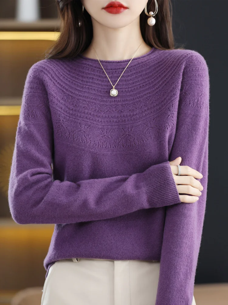 Hot Sale Slash Neck Classics Hollow Out 100% Cashmere Merino Wool Women Seamless Casual Loose Fit Sweater Pullover Clothing