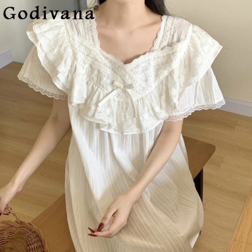 Pajamas Women's Summer Short Sleeves Sweet Lace Court Style White Sleepwear Cotton Nightgowns Homewear Set Students