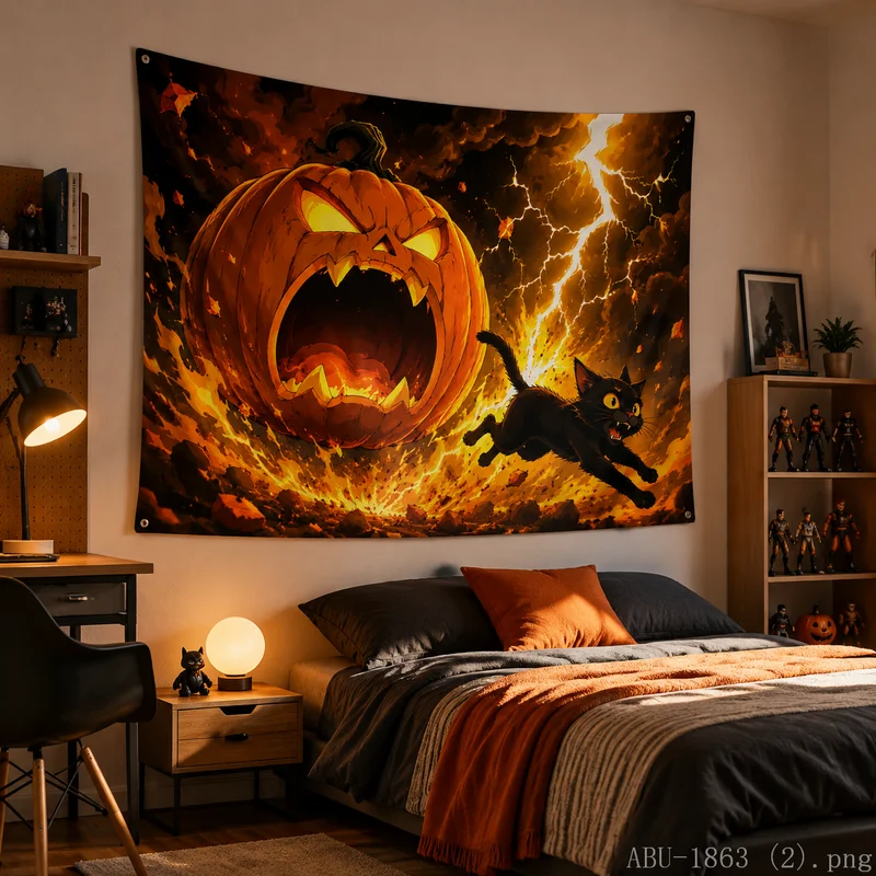 VIKAMA Evil Pumpkin Halloween Tapestry Flame Swirl Autumn Maple Wall Hanging for Living Room Decor