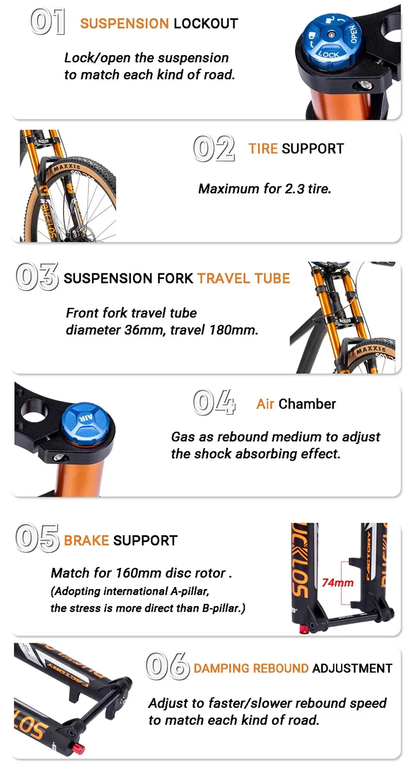 BUCKLOS 27.5 29inch Air Suspension Fork MTB Downhill E-Bike AM Forks 180mm Travel Boost Bicycle Fork Rebound 110*15mm Dual Crown