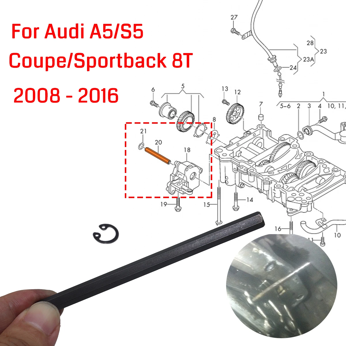 100mm Oil Pump Drive Key for Audi A5/S5 Coupe/Sportback 8T 2008-2016 2.0TDI Hex Oil Pump Shaft with Securing Ring Circlip Parts