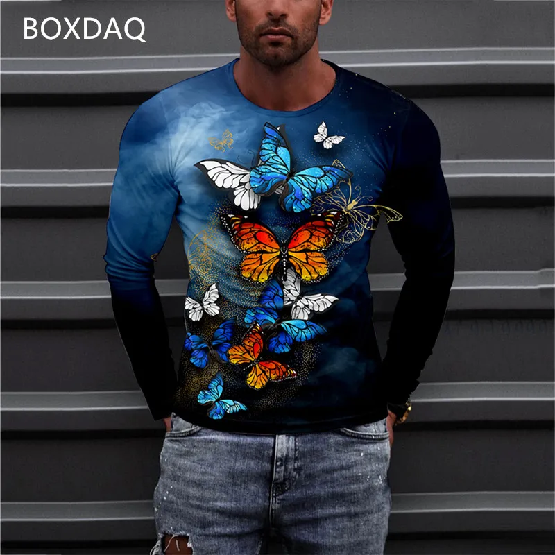 Oversized Men Clothing Colorful Gradient T-Shirt 3D Butterfly Print TShirt 2022 New Long Sleeve O-Neck Casual Tshirt Unisex Tops