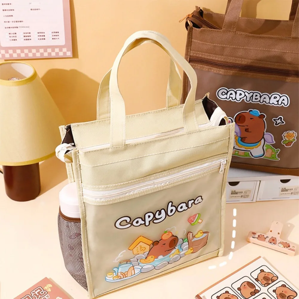 Multifunction Capybara Tote School Bag Large-capacity Side Mesh Pocket Cartoon Tote Tutorial Bag Handheld Panda