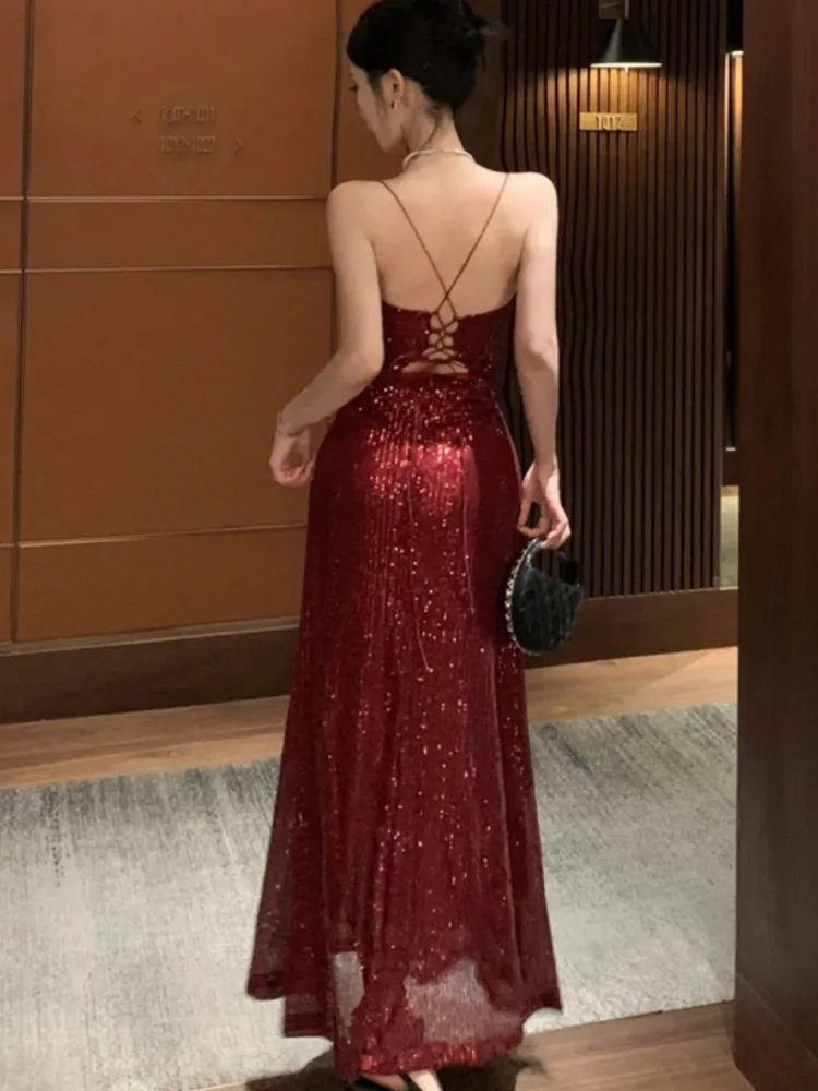 Elegant Sequin Backless V-neck Split Dress Women Autumn Sexy Slim Evening Gown A-line Bandage Fashion Birthday Party Luxury Robe