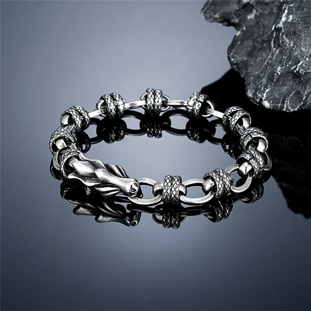 New Trendy Norse Mythology Dragon Bracelets Men Women Stainless Steel Locomotive Link Wristband Charm Bangle Male Viking Jewelry