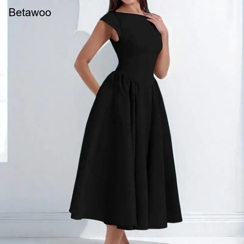 Vestido Midi Negro con Mangas Cortas para Mujer, Cuello Barco, Falda Evase en Línea A, Vestidos Formales para Cóctel y Fiesta