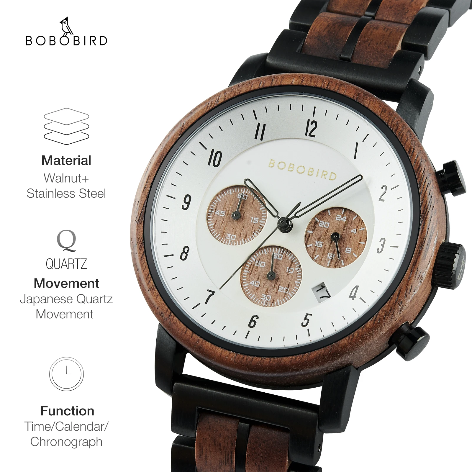 

BOBO BIRD Men's Wooden Watch Japanese Movement New Top Luxury Quartz Wristwatch Chronograph Military Timepieces Dropshipping