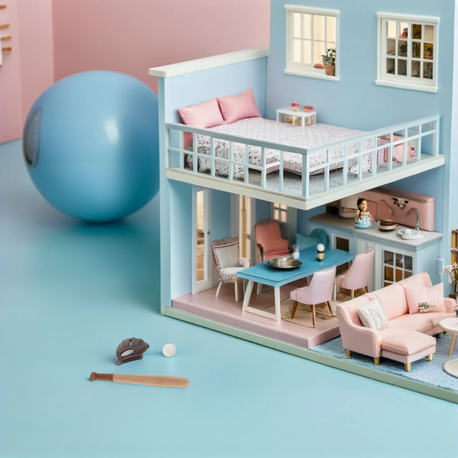 3-teiliges realistisches Miniatur-Baseball-Szenenset mit Schläger, Ball und Handschuh für Puppenhaus-Themen-Setup und interaktives Spielzeit-Erlebnis