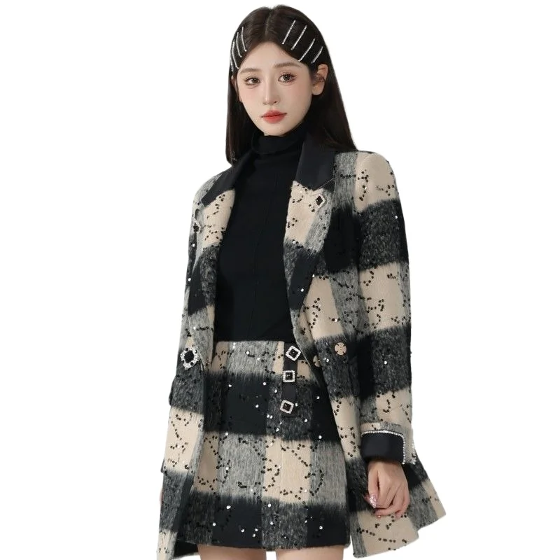 

Layered Fragrant Style Woolen Suit Temperament Autumn and Winter Plaid Socialite Slimming Jacket New Style Coat and Skirl Sets