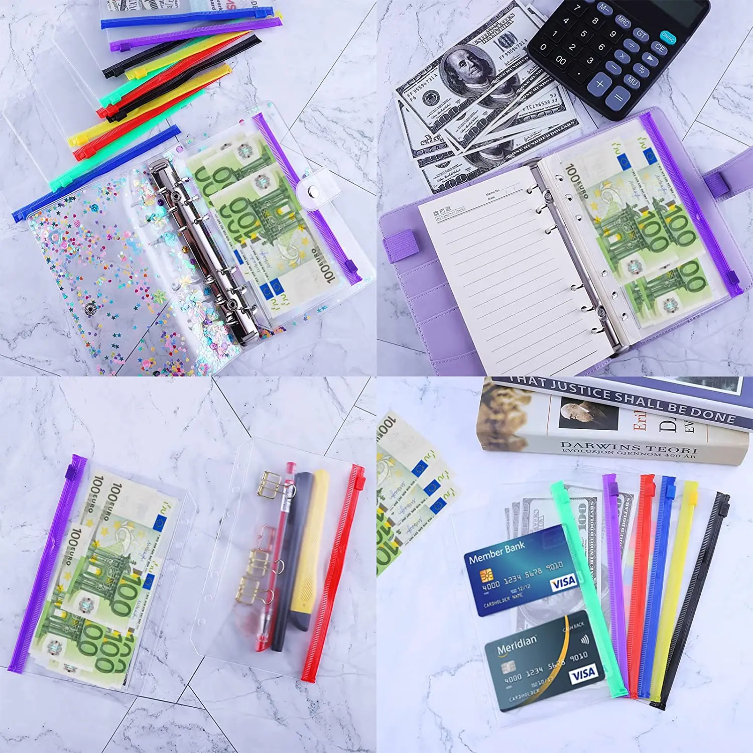 19 Pcs A6 Binder Folder 6 Holes Pvc Transparent Zipper Pockets, Colorful, Card, Waterproof Budget Envelope, for Notebook Planner