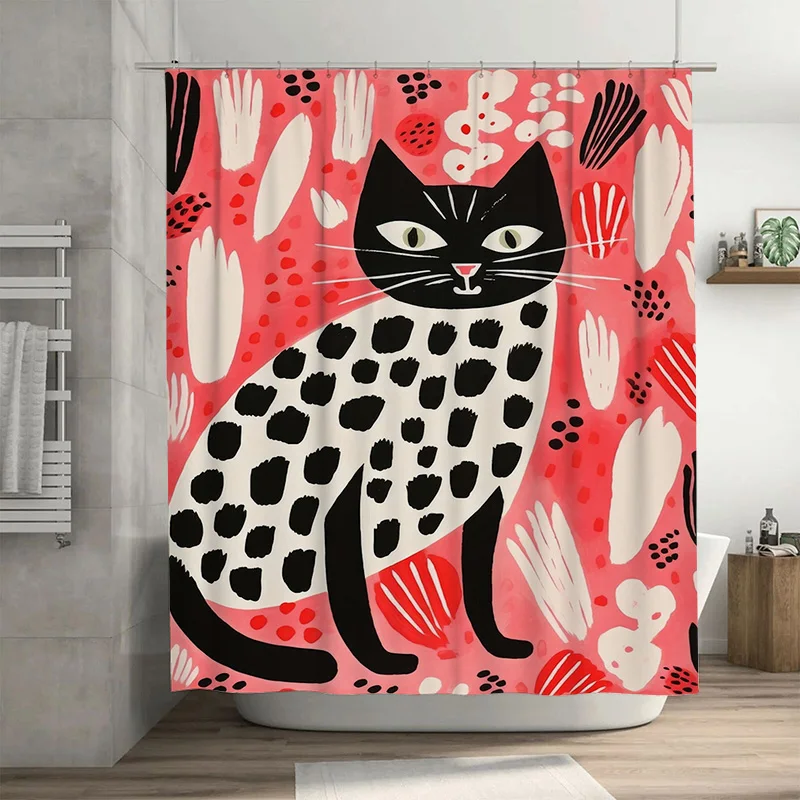 

Black & White Kitty Print Shower Curtain Modern Artistic Decor for Bathroom