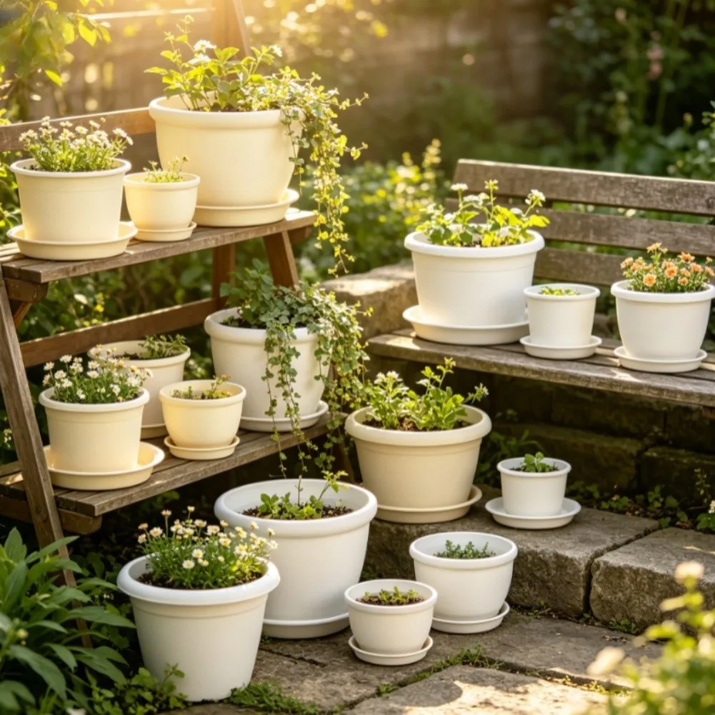 White Plastic Flower Pot Indoor Outdoor Planters Realistic Terracotta Texture Resists Cracking Deformation For Home Gardening