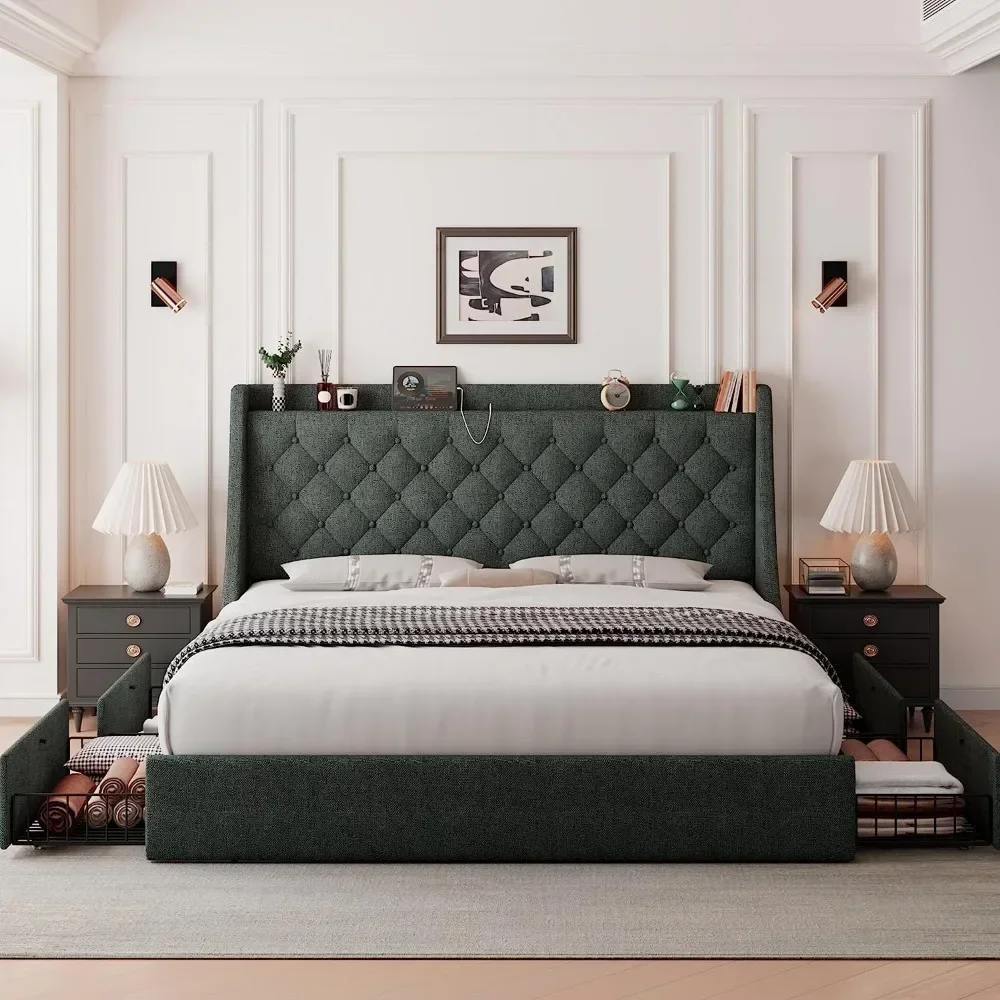 

For Full Size Bed Frame with 4 Storage Drawers, Charging Station and Tufted Wingback Storage Headboard, No Box Spring
