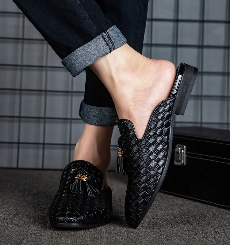 Men's Black Woven Tassel Mules Backless Loafers Slip-On Casual Formal Dress Slippers with Tassel Detail