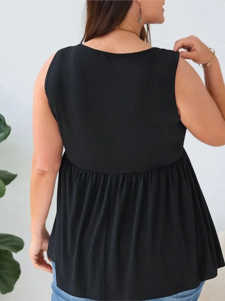 女性の夏の新ファッションプリーツ無地セクシーなノースリーブベストパッチワークカジュアル U ネックルーズトップ